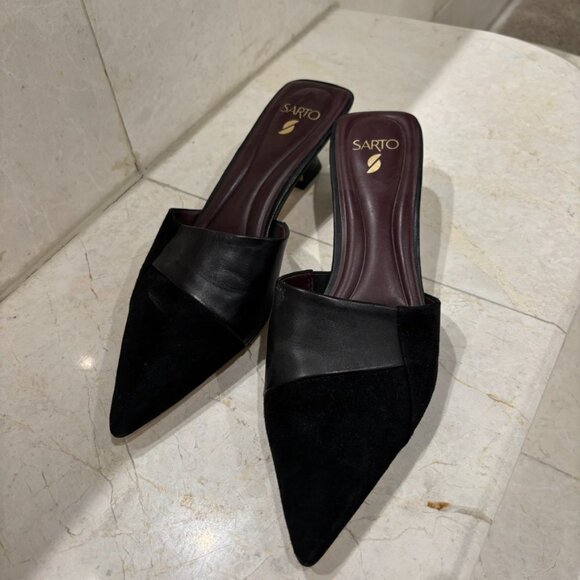 SARTO by Franco Sarto Dune pointed-toe kitten Black Leather & Suede Mules, 8M - Picture 5 of 9